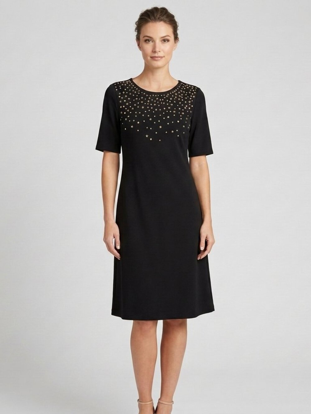 C Wonder Black Midi Dress Stars Rhinestones  Cosmic Glam Quiet Luxury Size 6